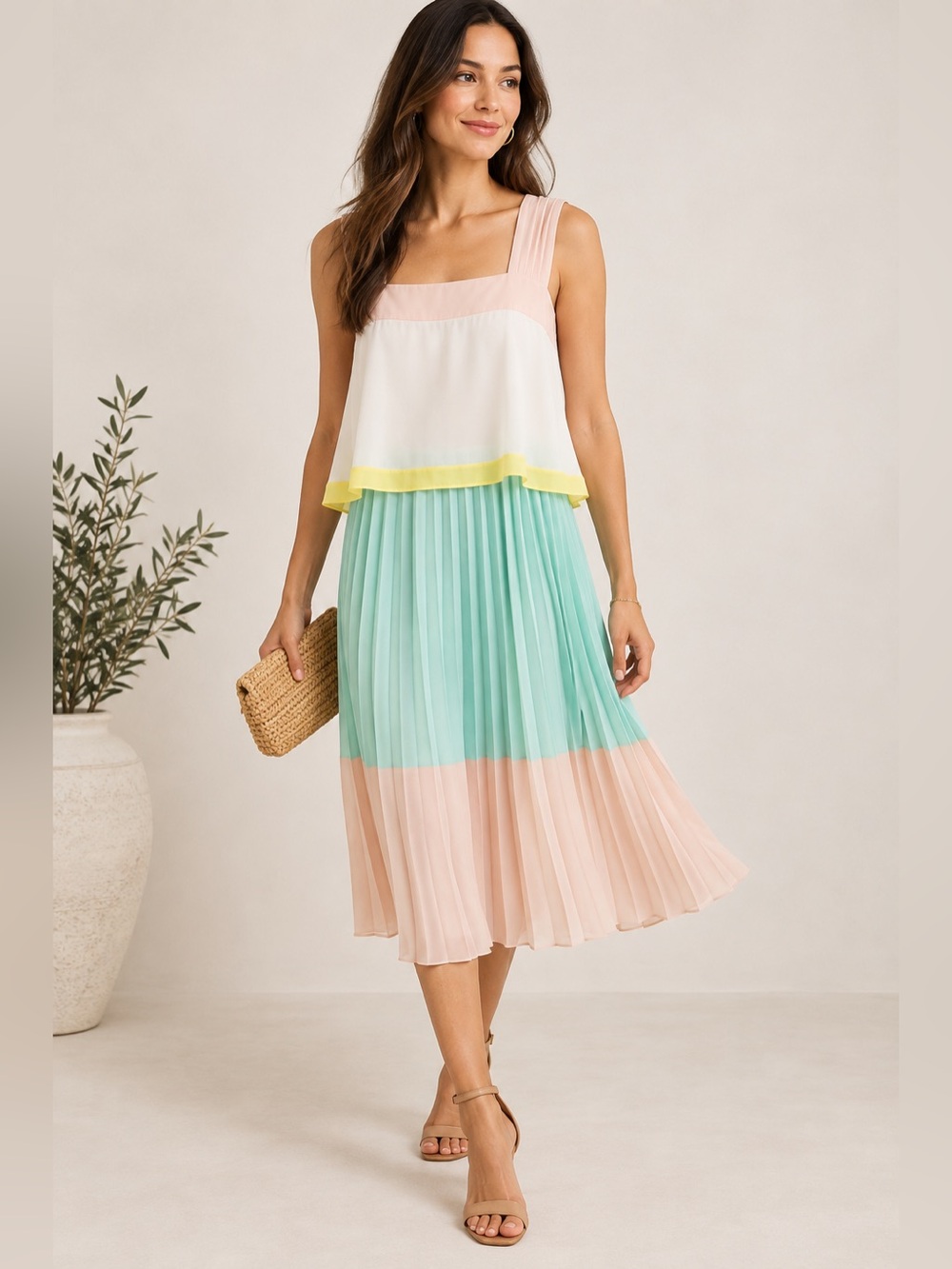 Anthropologie Maeve Color Block Pleated Dress Pink Mint Yellow Size 4